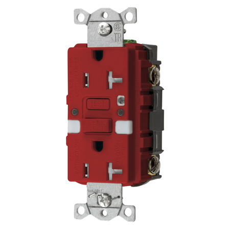 HUBBELL WIRING DEVICE-KELLEMS Power Protection Products, Receptacles, GFCI, Commercial Grade, Self Test, 20A 125V, 2-Pole 3-Wire Grounding, 5- 20R, With Nightlight, Red GFTRST20RNL